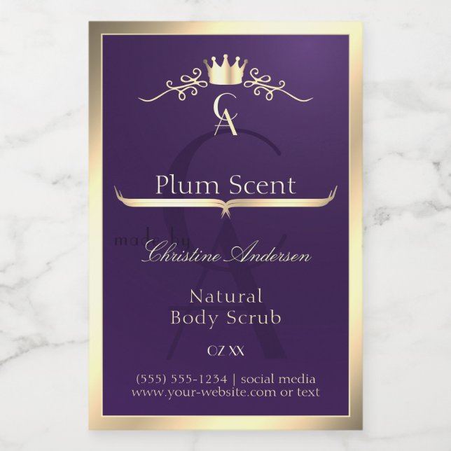 Royal Purple Product Label Gold Frame and Monogram (Single Label)