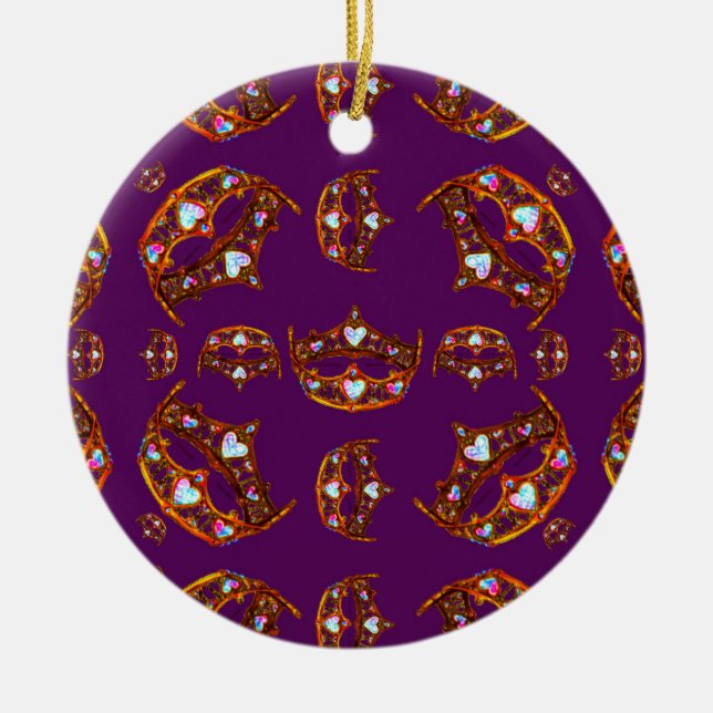 Royal Purple Queen of Hearts gold crown tiara Ceramic Ornament (Front)