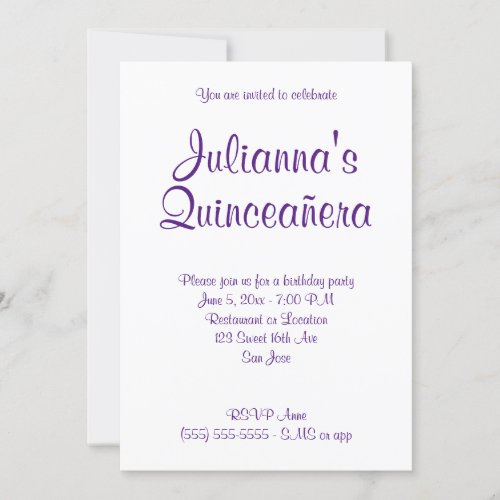 Royal Purple Quinceaera Calligraphy Birthday Invitation