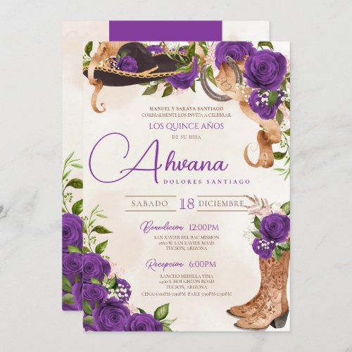 Royal Purple Quinceanera Rose Charro Western Invitation