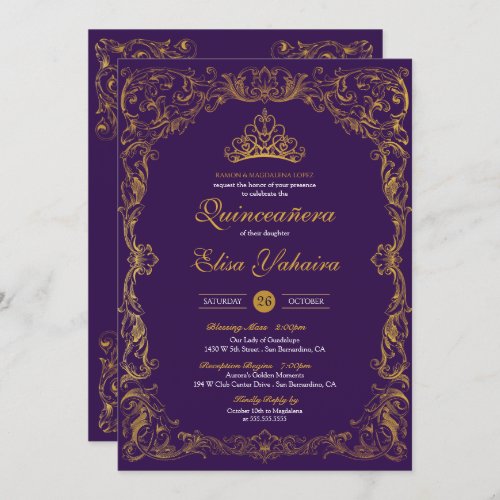 Royal Purple Regal Gold Tiara Princess Quinceanera Invitation