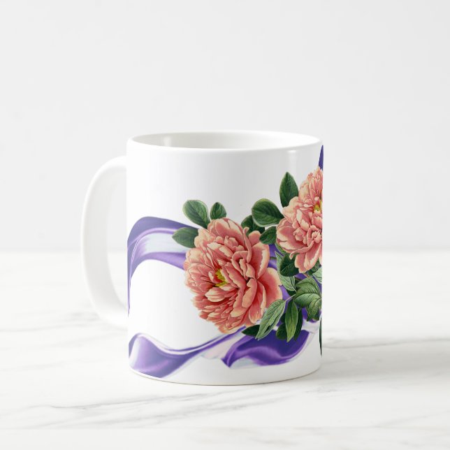 Royal Purple Ribbon & Floral Wedding Favor Mug (Front Left)