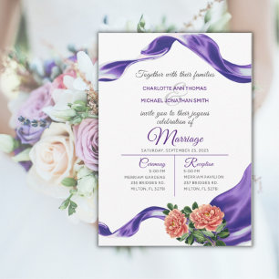 Royal Purple Ribbon & Floral Wedding Invitation