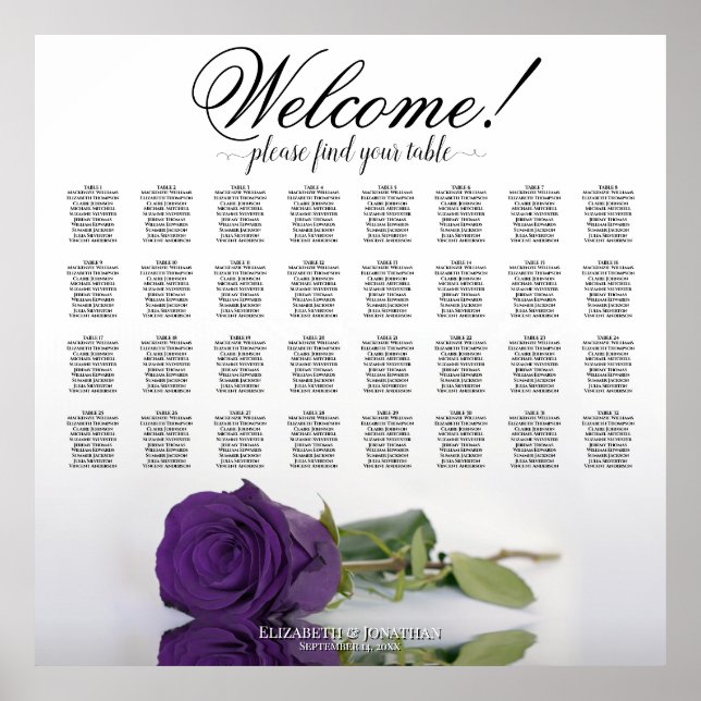 Royal Purple Rose 32 Table Wedding Seating Chart (Front)