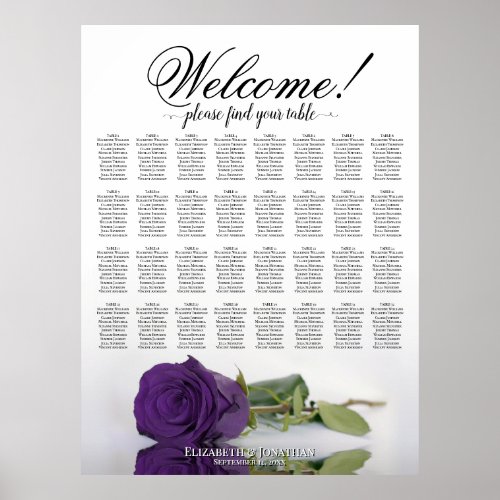 Royal Purple Rose 32 Table Wedding Seating Chart