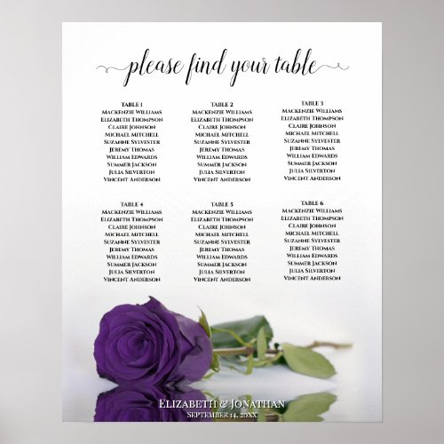 Royal Purple Rose 6 Table Wedding Seating Chart