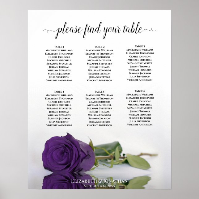 Royal Purple Rose 6 Table Wedding Seating Chart (Front)