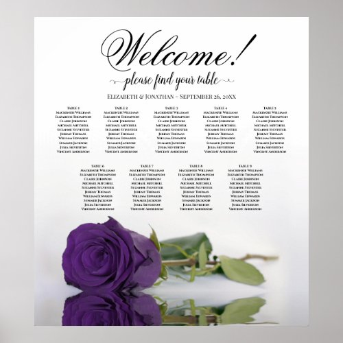 Royal Purple Rose 9 Table Wedding Seating Chart