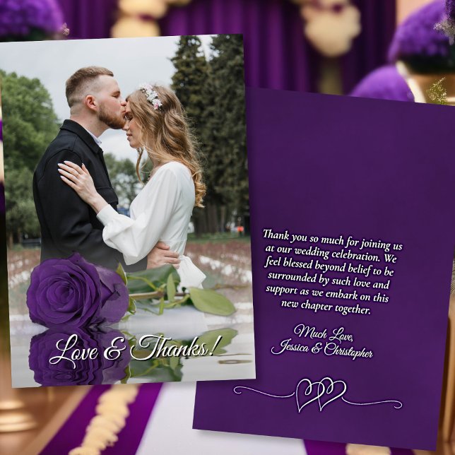 Royal Purple Rose Elegant Wedding Photo Overlay Thank You Card (Front/Back)
