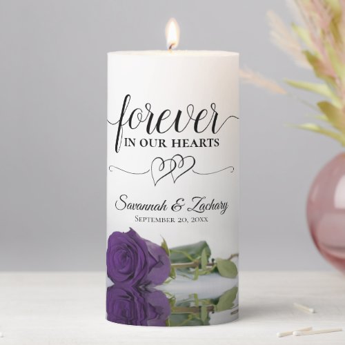 Royal Purple Rose Forever in our Hearts Memorial Pillar Candle