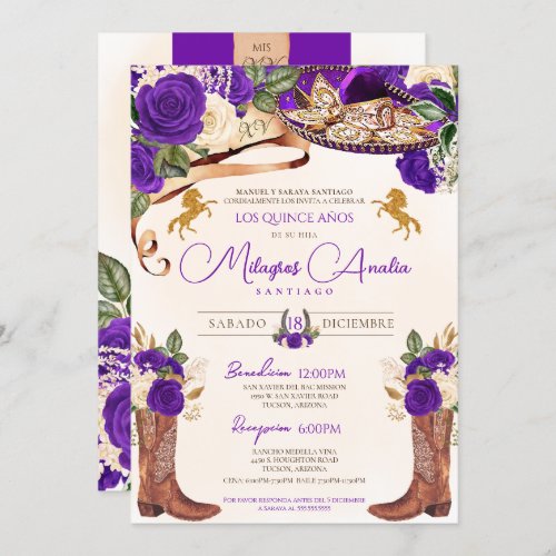 Royal Purple Rose Mariachi Elegant Western Charro Invitation