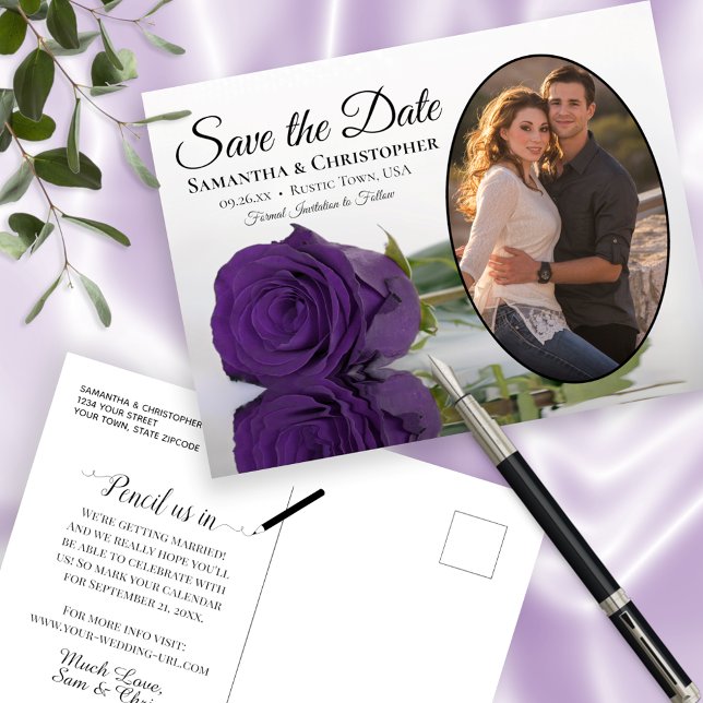 Royal Purple Rose Oval Photo Wedding Save The Date Announcement Postcard (Creator Uploaded)