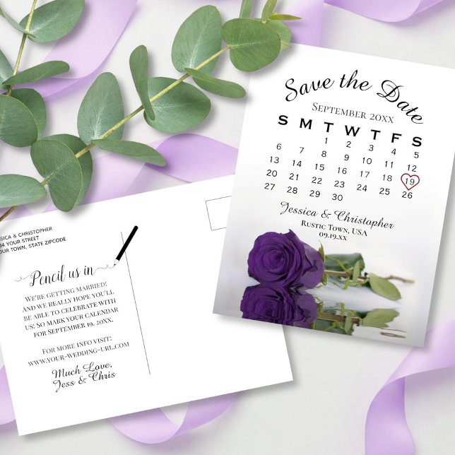 Royal Purple Rose Wedding Calendar Save the Date Announcement Postcard (back and front)