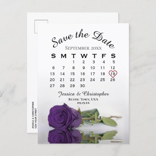 Royal Purple Rose Wedding Calendar Save the Date Announcement Postcard