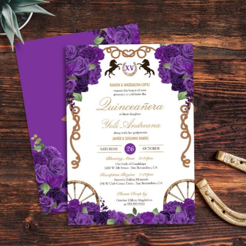 Royal Purple Rose Western Charro Quinceaera Invitation