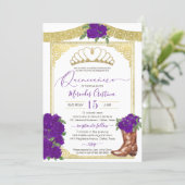 Royal Purple Roses Gold Floral Charro Quinceanera Invitation (Standing Front)