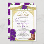 Royal Purple Roses Gold Floral Charro Quinceanera Invitation (Front/Back)