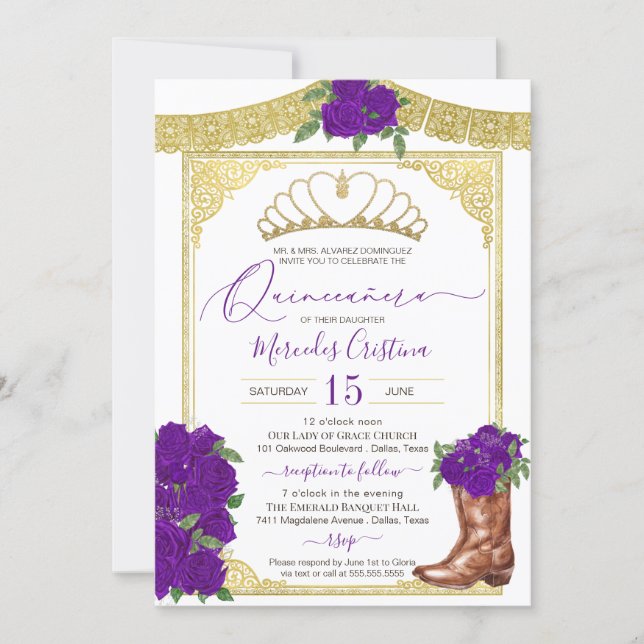 Royal Purple Roses Gold Floral Charro Quinceanera Invitation (Front)