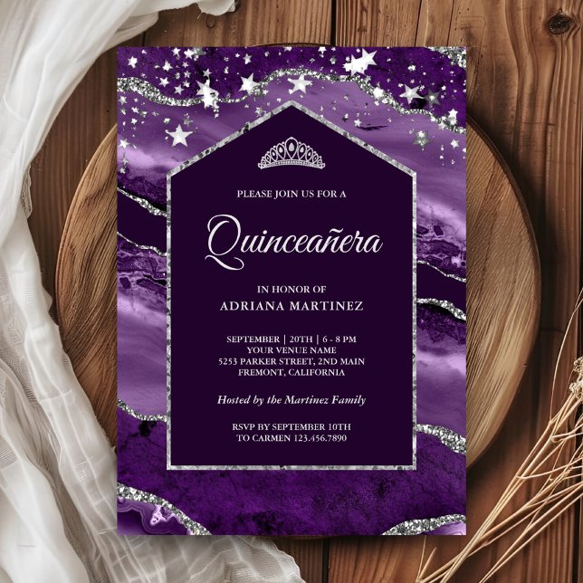Royal Purple Silver Agate Marble Arch Quinceanera Invitation (Creator Uploaded)