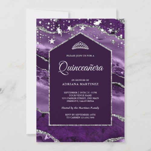 Royal Purple Silver Agate Marble Arch Quinceanera Invitation