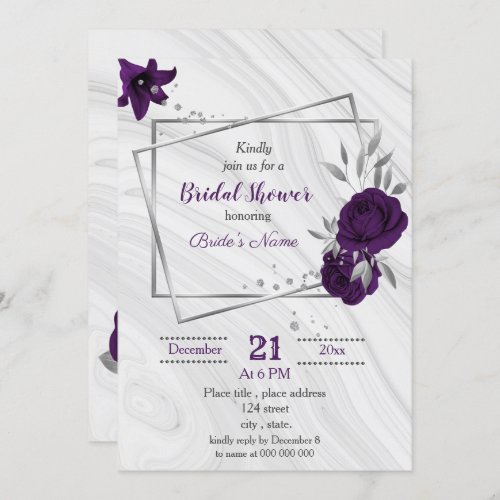 royal purple silver floral bridal shower invitation