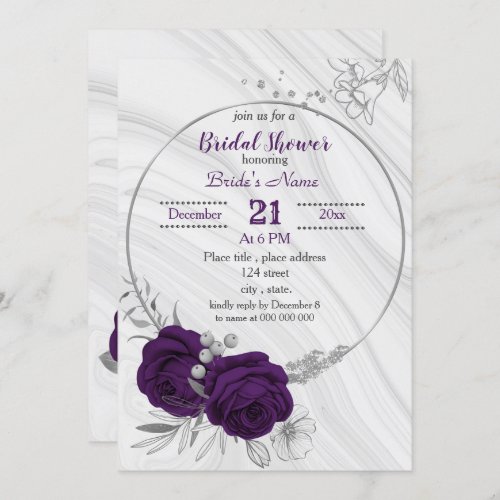 royal purple silver floral bridal shower invitation