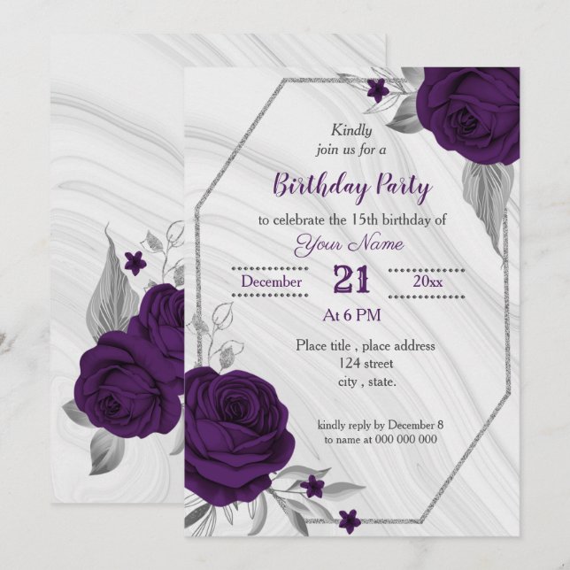 royal purple silver floral geometric birthday invitation (Front/Back)