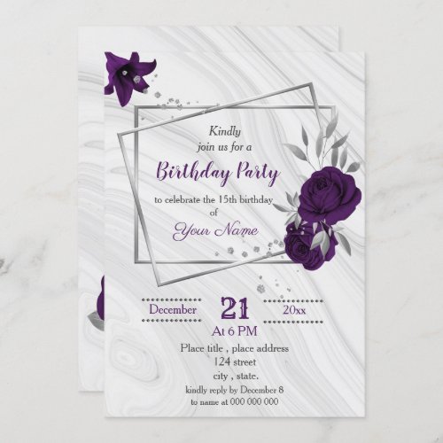 royal purple silver floral geometric birthday invitation