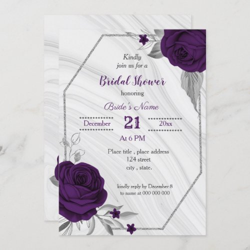 royal purple silver floral geometric bridal shower invitation