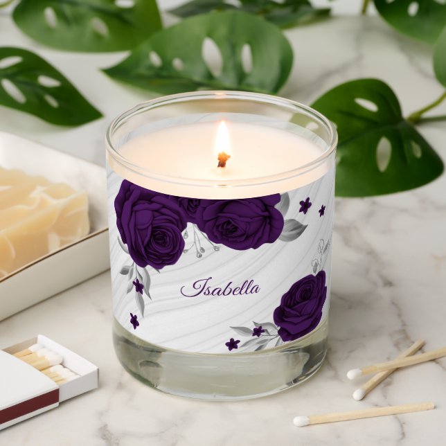 royal purple silver floral marble wedding scented candle (Lit)