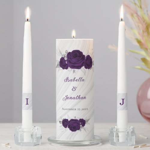 royal purple silver floral marble wedding unity candle set