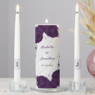 royal purple silver floral marble wedding unity candle set
