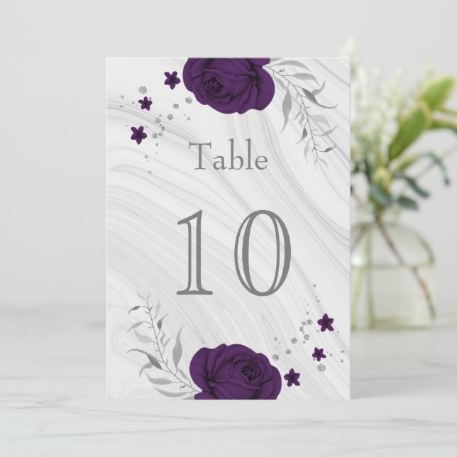royal purple silver floral table number (Standing Front)