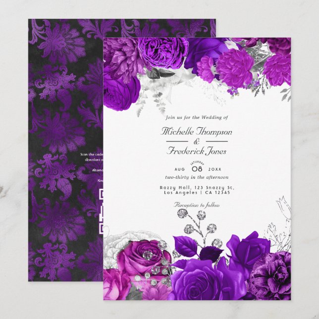 Royal Purple & Silver Floral Wedding QR Code Rsvp Invitation (Front/Back)