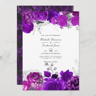 Royal Purple & Silver Floral Wedding QR Code Rsvp Invitation