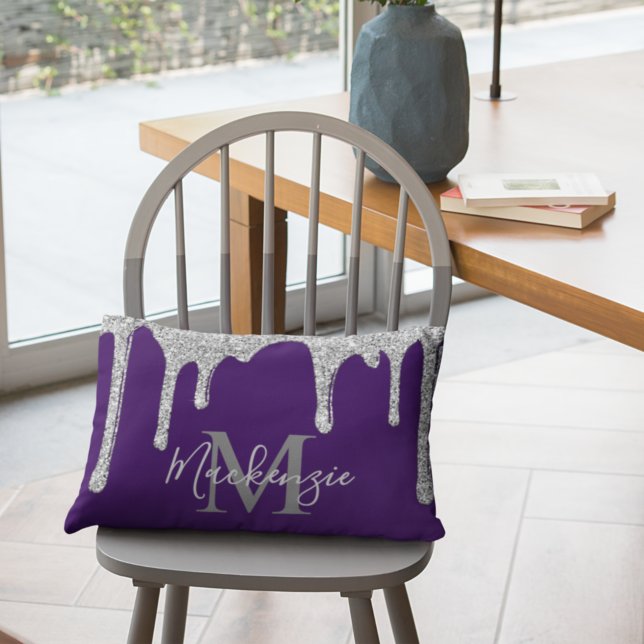 Royal Purple Silver Glitter Drips Monogram Lumbar Pillow (Creator Uploaded)