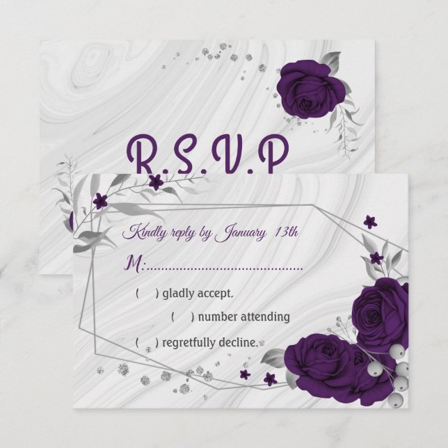 royal purple silver gray floral geometric RSVP card (Front/Back)