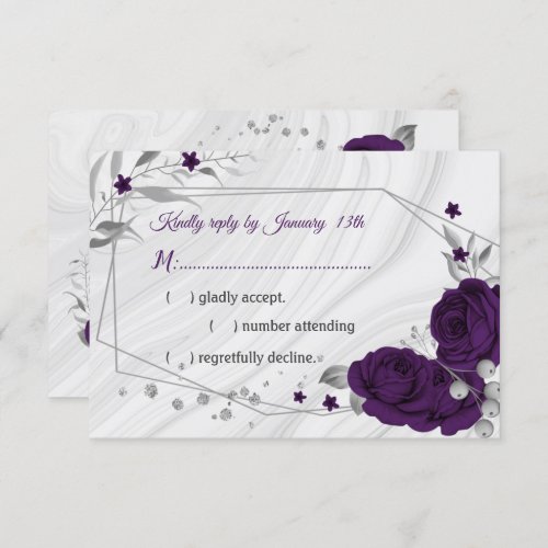 royal purple silver gray floral geometric RSVP card