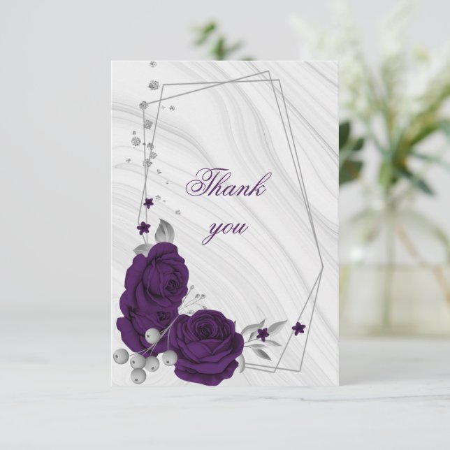 royal purple silver gray floral geometric thank you card (Standing Front)