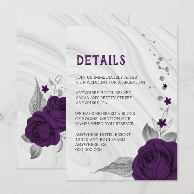 royal purple silver gray floral marble details  enclosure card (Front/Back)
