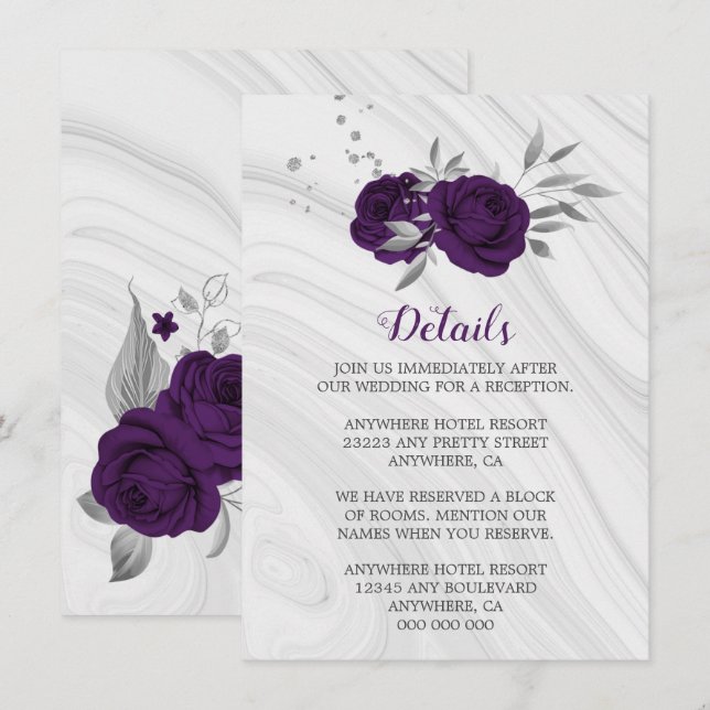 royal purple silver gray floral marble details enclosure card (Front/Back)