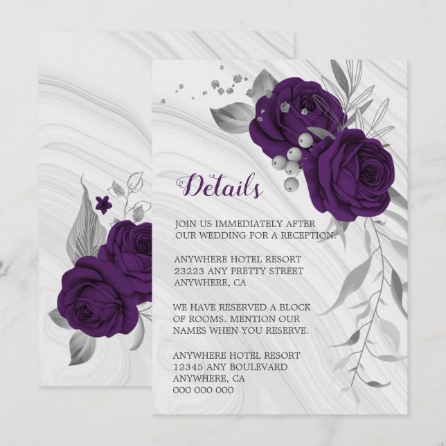 royal purple silver gray floral marble details enclosure card (Front/Back)