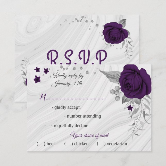 royal purple silver gray floral meal choice RSVP card (Front/Back)