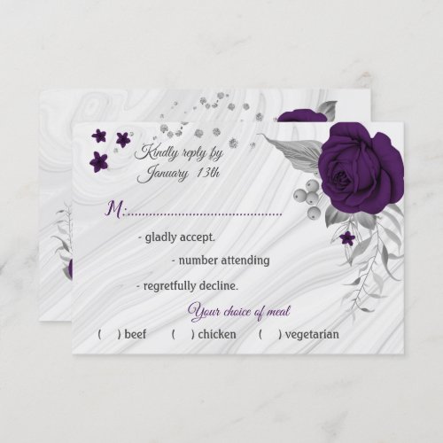 royal purple silver gray floral meal choice RSVP card