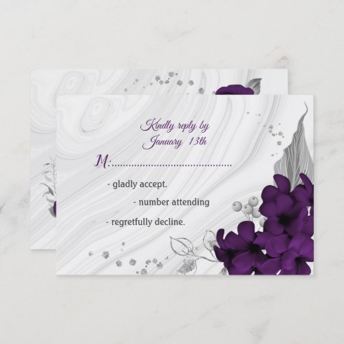 royal purple silver gray floral  RSVP card