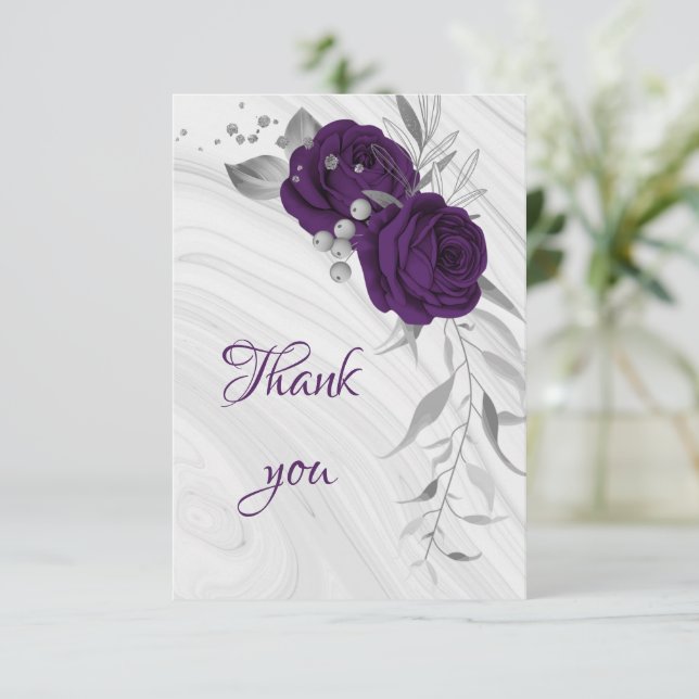 royal purple silver gray floral thank you card (Standing Front)