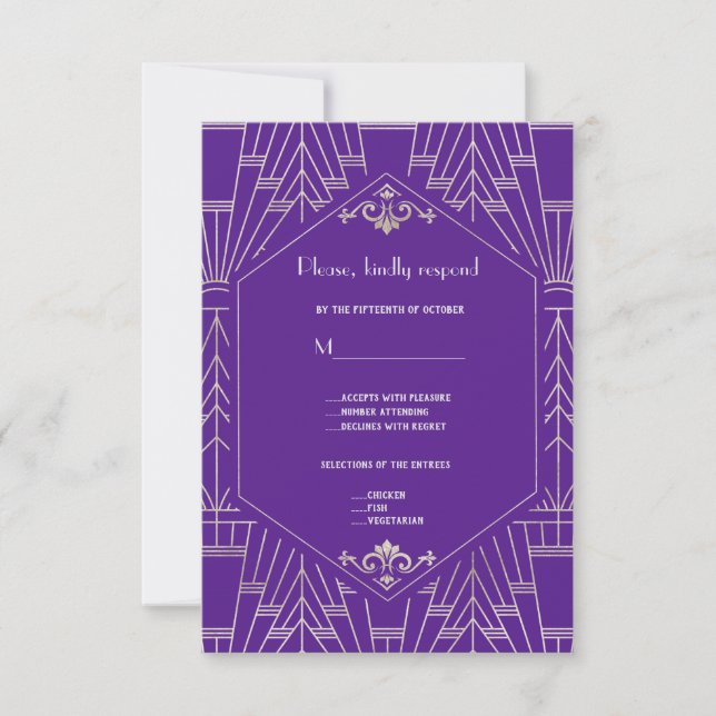 Royal Purple Silver Great 20s Wedding RSVP Card (Front)