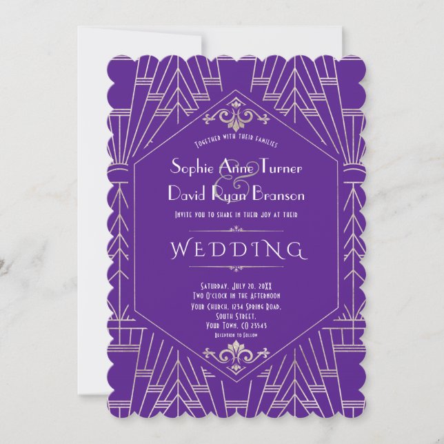Royal Purple Silver Great Gatsby 1920s Wedding Invitation (Front)