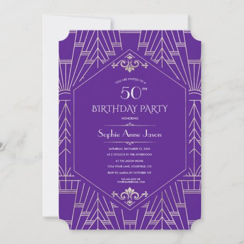 Royal Purple Silver Great Gatsby Birthday Party Invitation