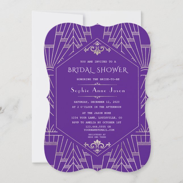 Royal Purple Silver Great Gatsby Bridal Shower Invitation (Front)